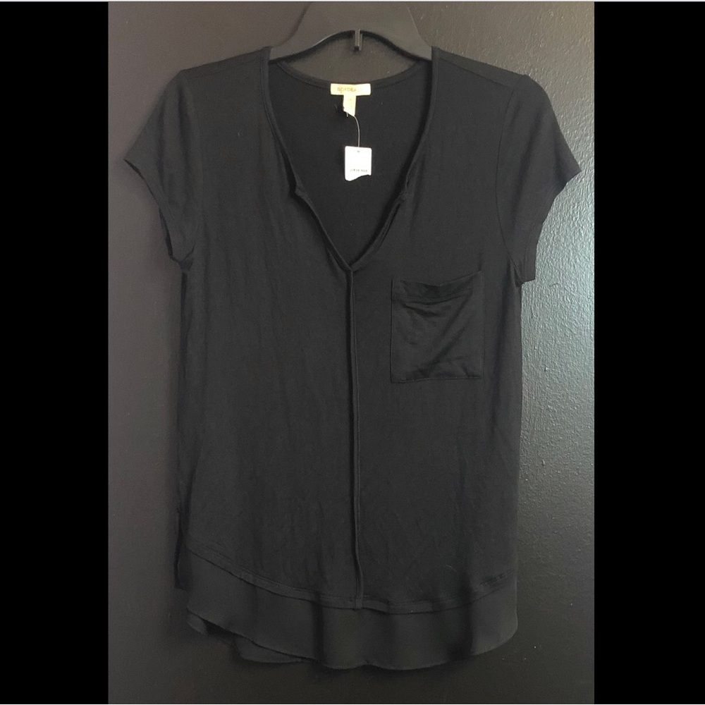 Bordeaux Anthropologie Black V-Neck Short Sleeve Top with Chest Pocket